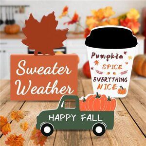 4‎ Pcs Wooden Fall Decor: Coffee Cup, Maple Leaf, Sweater, Farmhouse Table Signs
